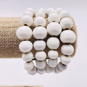 White Milk Glass Bead Cuff Bracelet Four Row Stretch Vintage Statement